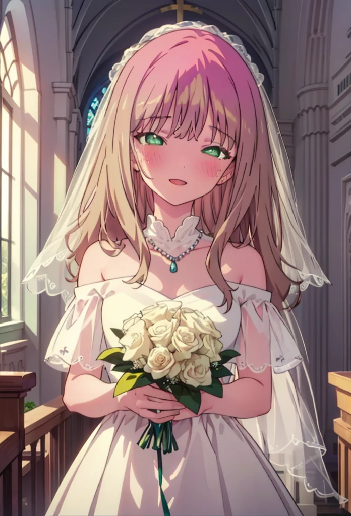 minami yume ,sss Dynazenon ,Long Hair, Brown Hair, (Green Eyes:1.5) ,blush,happy smile, smile, Open your mouth,Off-the-shoulder wedding dresses,Wedden Skirt,necklace,Veil,bouquet,Close both eyes,Tears stream down her face,Tears of joy,I cry a lot,
break looking at viewer, whole body,(Cowboy Shot:1. 5) break indoors, Chapel,church, break (masterpiece:1.2), Highest quality, High resolution, unity 8k wallpaper, (shape:0.8), (Beautiful attention to detail:1.6), Highly detailed face, Perfect lighting, Highly detailed CG, (Perfect hands, Perfect Anatomy),