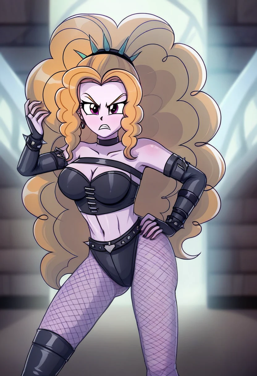 blonde woman, pig tails, midriff, short skirt, tight top, striped socks, heavy boots. goth, colourful