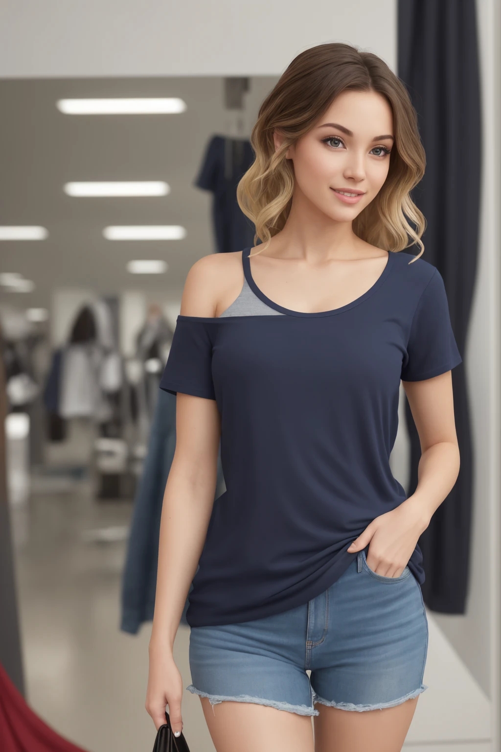 Create a t-shirt mockup (front view), a 2.5D model with a sleek and modern design. The image exudes a vibrant and eye-catching appeal.
A beautiful European model, around 25 years old, with a radiant and charming smile poses confidently for the design. Her short, wavy blonde hair cascades down her shoulders, adding to her allure.
The t-shirt color is a rich and deep navy blue, lending an elegant and sophisticated touch to the design. The fabric texture is finely detailed, giving it a realistic and lifelike appearance.
The 2.5D model showcases crisp and sharp lines