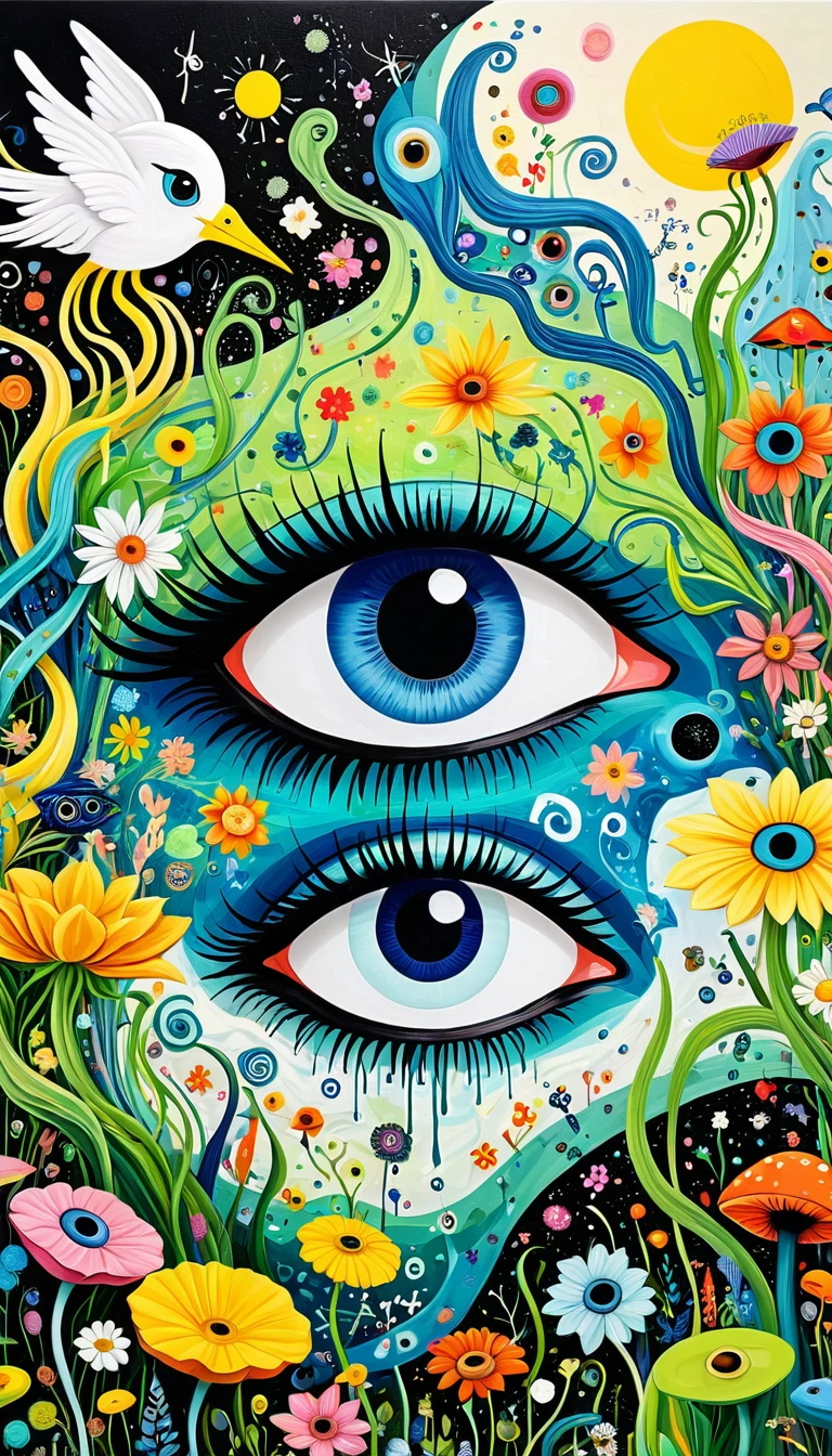 Children's graffiti,Thick coating,Concave and convex texture,Oil pastel strokes:Colorful black,Dopamine color matching,爱吃fish的猫、flowesh、Tentacles、bird、(((Eye)))、diatom,Abstract mosaic painting,Describing the inner world of autistic people,Large area of white,interesting,Innocence,Vision,Psychedelic Art,Incorporating Picasso's art:1.1 Art style