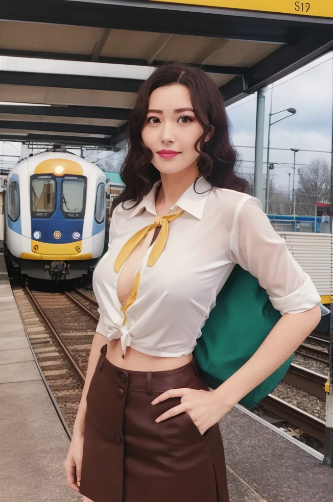 masterpiece,best quality,highres,Inoue Ayako,\(style\),retro artstyle,1girl,solo,black eyes,brown long hair,cowboy shot,happy,Black blazer,matching black skirt,gold accents,white blouse, wide hips, cleavage navel,lace patterns,gold silk bow tie,looking at viewer,train station platform,arms behind back,