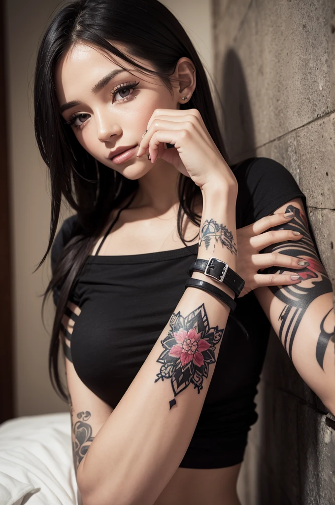 crie uma garota de 22 anos, with a serious expression, cabelos pretos estilo tomboy, olhos castanhos, nariz pequeno e empinado, plump red lips, Neck tatoo, roupa estilo tomboy, estilo de arte digital de anime