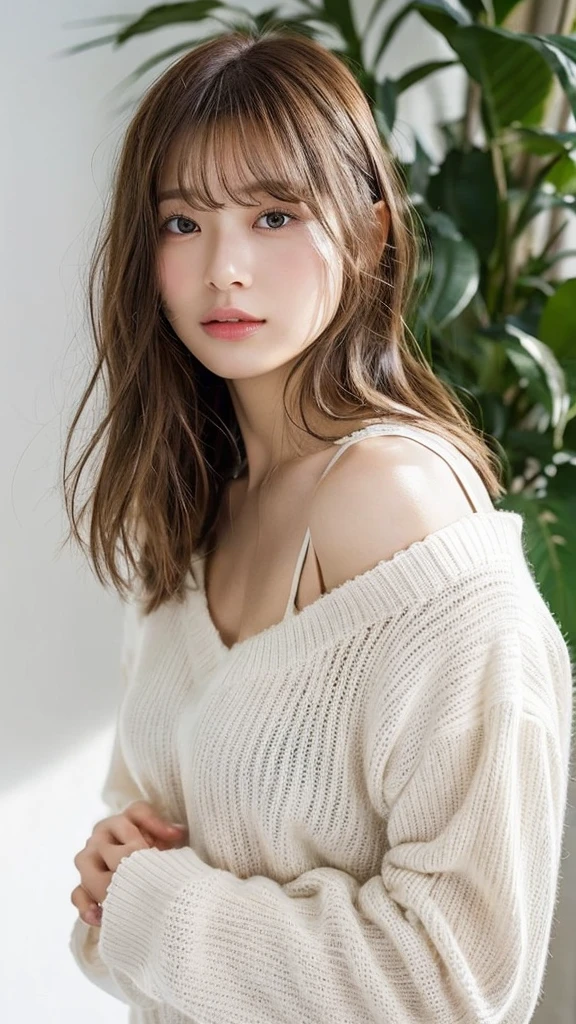 (top-quality、16K resolution)1 girl、solo、natural soft light、、A Japanese Lady、Looking at the camera、White long-sleeved knit、Concrete background、Facing the front、is standing、bobhair、30year old、Light bangs、short-hair、Salon model、Natural look、bobcut、floated hair、Rolled hair