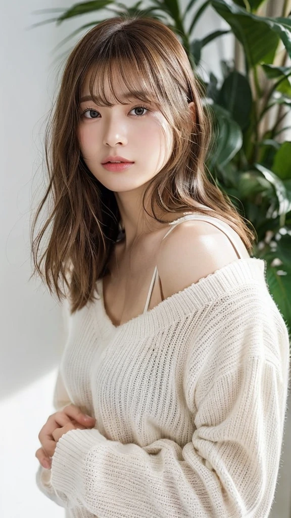 (top-quality、16K resolution)1 girl、solo、natural soft light、、A Japanese Lady、Looking at the camera、White long-sleeved knit、Concrete background、Facing the front、is standing、bobhair、30year old、Light bangs、short-hair、Salon model、Natural look、bobcut、floated hair、Rolled hair