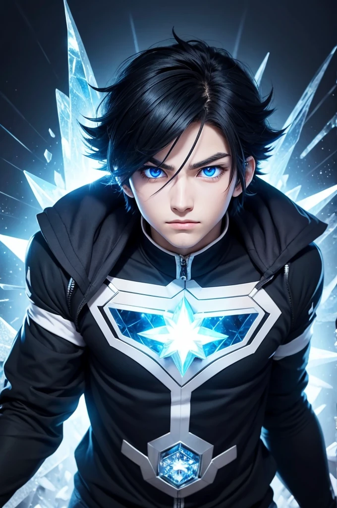 Boku no hero style boy blue eyes and black hair crystal power 