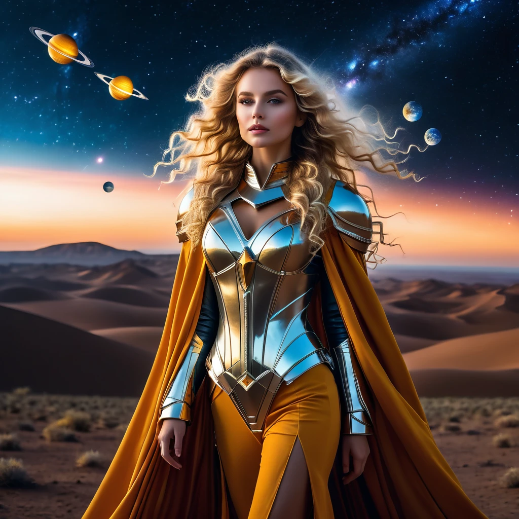 ((fantasy, masterpiece photography, 8K, high degree of detail)) magical atmosphere, mysterious and mysterious. A beautiful blonde with long curly hair in the wind in a magical pilot costume is walking on an uninhabited planet. The costume is made of golden fabric with lots of details, futuristic style. On this uninhabited planet, the sky is a spectacular sight: it is filled with bright colors reflecting the radiance of unusual satellites. These satellites, majestic in size and shape, dot the sky with stars and create amazing landscapes. Spaceships float smoothly between them, leaving behind traces of light and flickering reflections. Their strange shapes and technological design contrast with the beauty and tranquility of this planet, giving it a mysterious and mystical charm. Travelers flying by stop to admire this amazing sight and soak up the magic of this cosmic world.