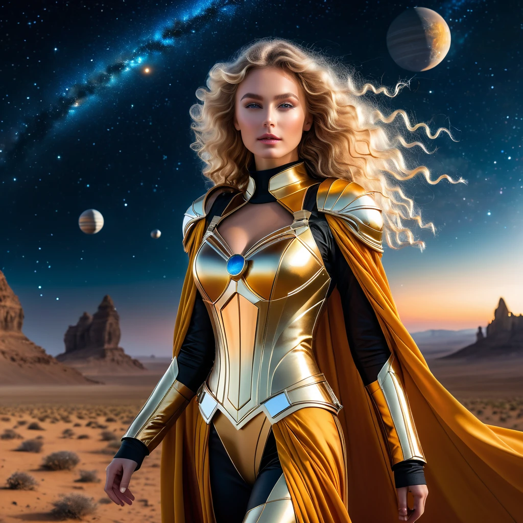 ((fantasy, masterpiece photography, 8K, high degree of detail)) magical atmosphere, mysterious and mysterious. A beautiful blonde with long curly hair in the wind in a magical pilot costume is walking on an uninhabited planet. The costume is made of golden fabric with lots of details, futuristic style. On this uninhabited planet, the sky is a spectacular sight: it is filled with bright colors reflecting the radiance of unusual satellites. These satellites, majestic in size and shape, dot the sky with stars and create amazing landscapes. Spaceships float smoothly between them, leaving behind traces of light and flickering reflections. Their strange shapes and technological design contrast with the beauty and tranquility of this planet, giving it a mysterious and mystical charm. Travelers flying by stop to admire this amazing sight and soak up the magic of this cosmic world.