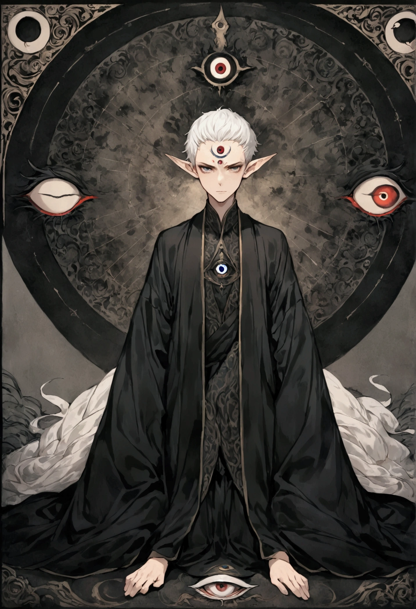 (((Boys short hair,独奏,third eye on the forehead,Elf ears))),(((robe:1.6,Eye Diagram,Dark Pattern))).whole body,Death Stare Background。body movements