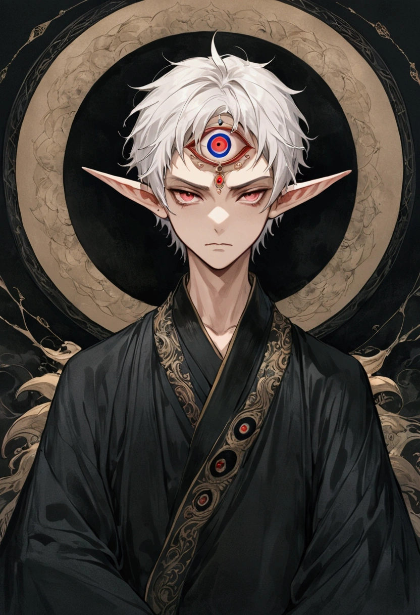 (((1Boy wearing a crown,独奏,third eye on the forehead,Dark eyeshadow.Middle-parted white hair-super short hair,))),(((Gorgeous Japanese kimono:1.6,Eye Diagram,Dark Pattern))).(((Thin waist,Greenbelt:1.37))),cool