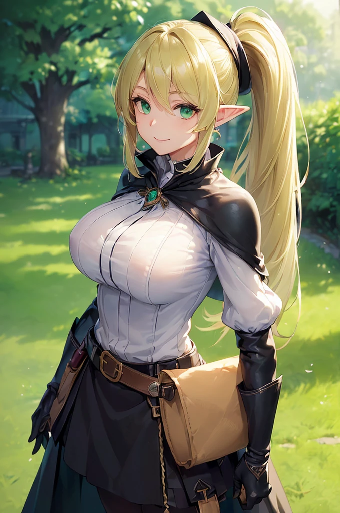 (((masterpiece; best quality: 1.2))), (finely detailed eyes: 1.3), (25 year old elf woman), (solo), (green eyes: 1.4), (body; big breasts, fit, femenine: 1.3), (silky blonde hair in low ponytail: 1.3), (beautiful and clear background: 1.2), ((depth of field)), (equipment: adventurer garb + modest + elegant wide-brimmed hat + dark blouse + dark cape + black long skirt + gloves + belt + pouches: 1.3), (anime illustration: 1.2), (background composition; royal garden: 1.1), (extremely fine and beautiful: 1.1), (shot composition; standing + centered on torso + close-up: 1.5), (expression; calm, smile: 1.2)