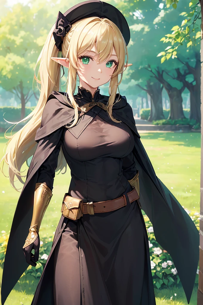(((masterpiece; best quality: 1.2))), (finely detailed eyes: 1.3), (25 year old elf woman), (solo), (green eyes: 1.4), (body; big breasts, fit, femenine: 1.3), (silky blonde hair in low ponytail: 1.3), (beautiful and clear background: 1.2), ((depth of field)), (equipment: adventurer garb + modest + elegant wide-brimmed hat + dark blouse + dark cape + black long skirt + gloves + belt + pouches: 1.3), (anime illustration: 1.2), (background composition; royal garden: 1.1), (extremely fine and beautiful: 1.1), (shot composition; standing + centered on torso + close-up: 1.5), (expression; calm, smile: 1.2)