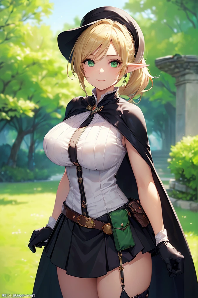 (((masterpiece; best quality: 1.2))), (finely detailed eyes: 1.3), (25 year old elf woman), (solo), (green eyes: 1.4), (body; big breasts, fit, femenine: 1.3), (silky blonde hair in low ponytail: 1.3), (beautiful and clear background: 1.2), ((depth of field)), (equipment: adventurer garb + modest + elegant wide-brimmed hat + dark blouse + dark cape + black long skirt + gloves + belt + pouches: 1.3), (anime illustration: 1.2), (background composition; royal garden: 1.1), (extremely fine and beautiful: 1.1), (shot composition; standing + centered on torso + close-up: 1.5), (expression; calm, smile: 1.2)