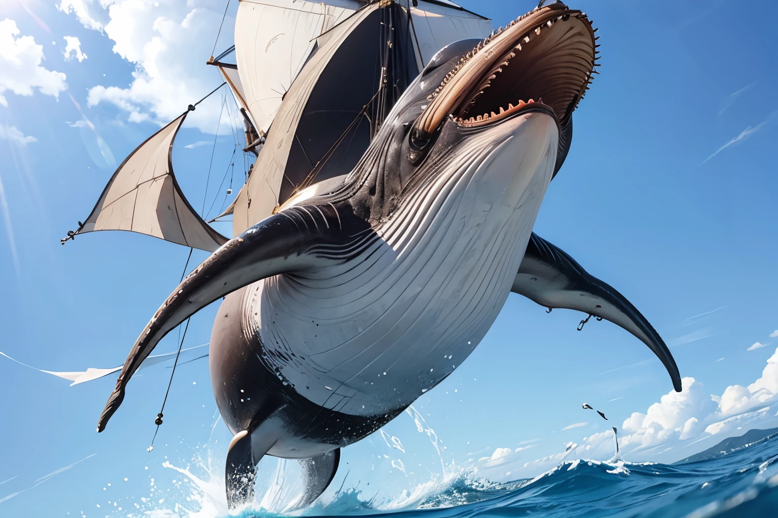 (Realistic whale flying in the sky、Equipped with anti-gravity device:1.4)、(Steampunk steam ship flying in the sky:1.2)、(A whale and a sailing ship fly side by side in the sky:1.2)、Fantastic World、(Steampunk World)、Steampunk design、Detailed steampunk illustration、delicate and dynamic、