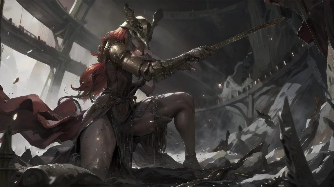 1 girl, ultra sharp image, portrait of a girl, Gothic style, fantasy, beautiful figure, beautiful, full length (full body 1.1.), battlefield, swords stuck into the ground in the background, Red sunset, slender legs, buttocks, slender legs, Wasp waist, sexy, fighting pose, fighting stance, only,helmet,light-skinned Женский, One, long curved sword in hand