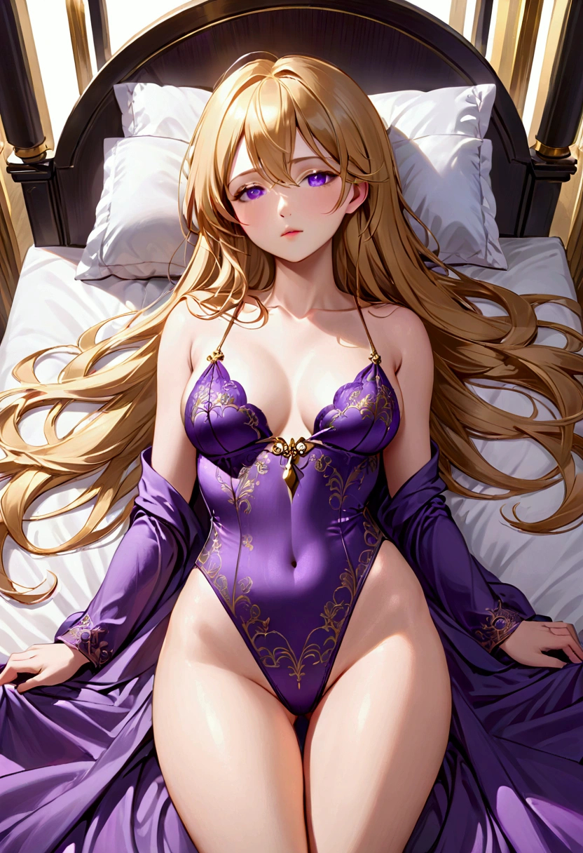 Adult female,long golden hair, purple eyes,hourglass body figure,sleep wear