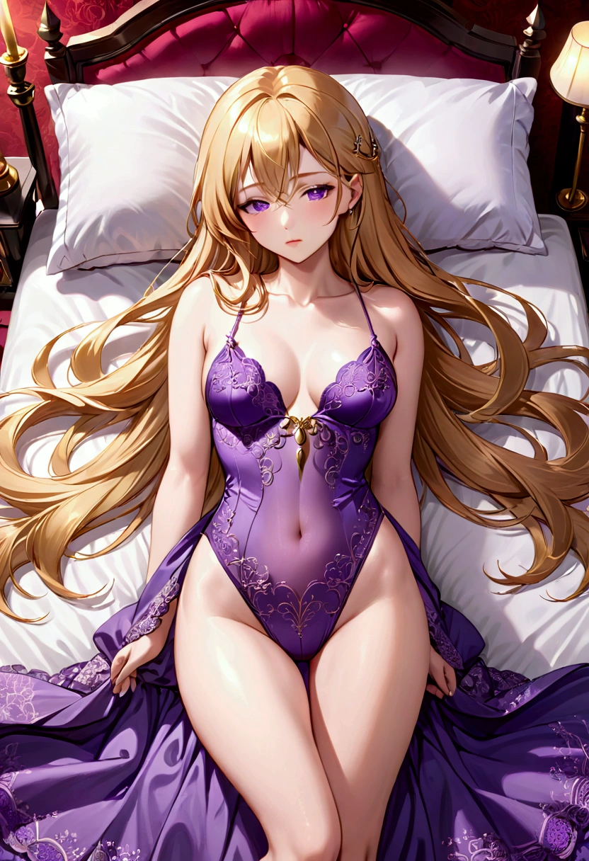 1girl, 独奏, breasts big, hourglass body, gazing at viewer, high resolution, blue colored eyes, Laughter, hair blonde, pretty long hair, hair slicked back, Hair over the shoulder, loose hair, flushed, Laughter, make up, slightly-smile, excited face, ass pov, anime styling, dressed in lingerie covering the purple sexy transparent body, lying sideways on the bed, location room suite, dark ambient light, purple sheets