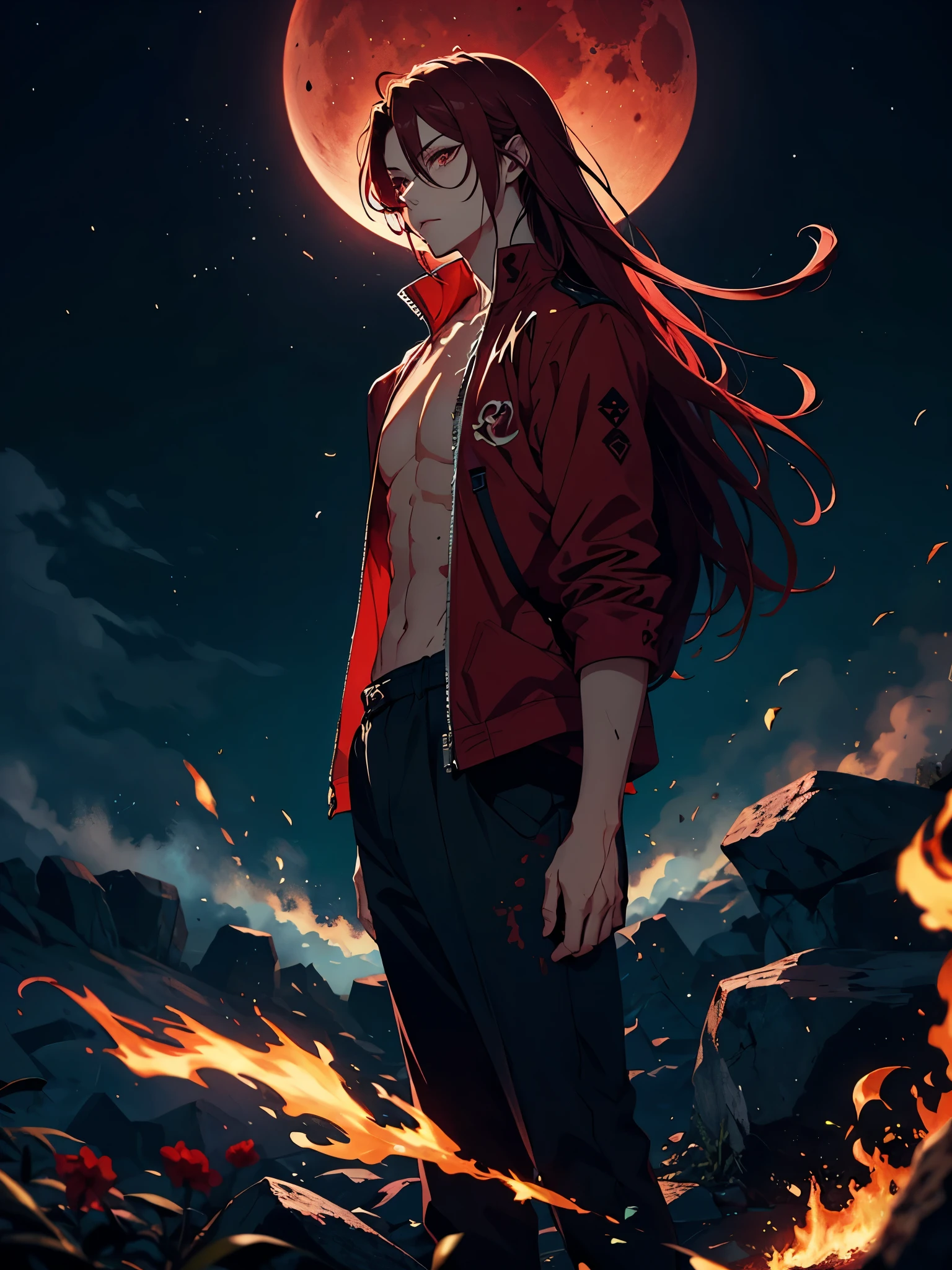 Blaues 火. 火rote Haare. Red hair. Red eyeliner. Blood Moon. More anime. male. Long hair. Boy.