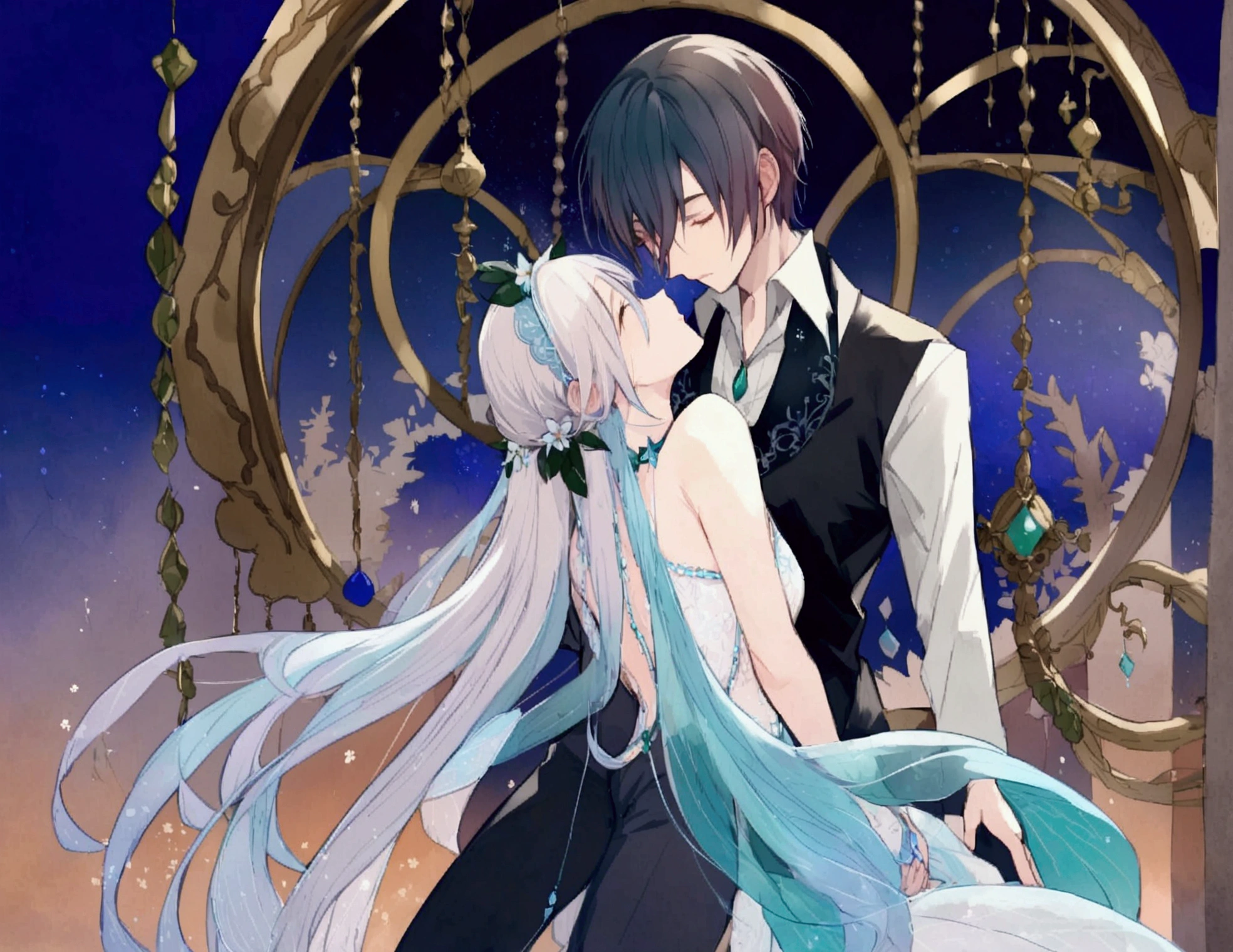 A whimsical Adult boy and girl composed of delicately arrang young boy and girl , poised in a carefree dance on the rim of a weathered, dance together, set against a lush, vibrant forest backdrop, where dappled sunlight filters through the canopy above, casting intricate shadows. The overall aesthetic is ethereal, with warm, earthy tones of sienna, umber, and olive green, infused with hints of emerald and golden light, evoking a sense of wonder and enchantment, as if plucked from a fantastical realm.