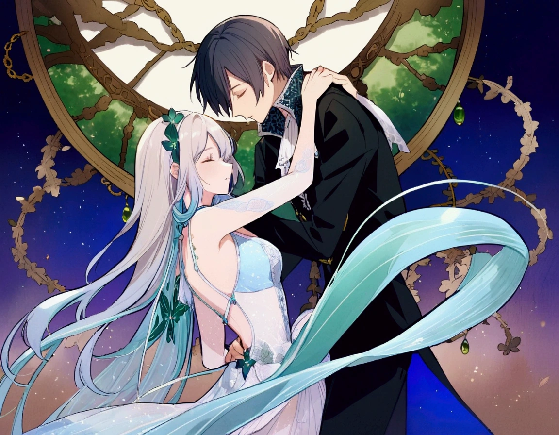 A whimsical Adult boy and girl composed of delicately arrang young boy and girl , poised in a carefree dance on the rim of a weathered, dance together, set against a lush, vibrant forest backdrop, where dappled sunlight filters through the canopy above, casting intricate shadows. The overall aesthetic is ethereal, with warm, earthy tones of sienna, umber, and olive green, infused with hints of emerald and golden light, evoking a sense of wonder and enchantment, as if plucked from a fantastical realm.
