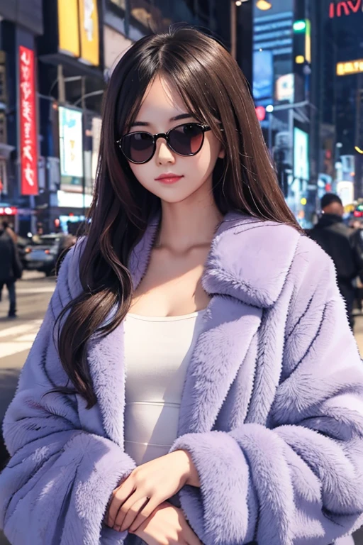 Highest quality、masterpiece、High sensitivity、High resolution、Detailed Description、Slender women、Glasses、Fur coat、In the middle of Manhattan、Arms crossed、A large amount of、It&#39;s raining banknotes、