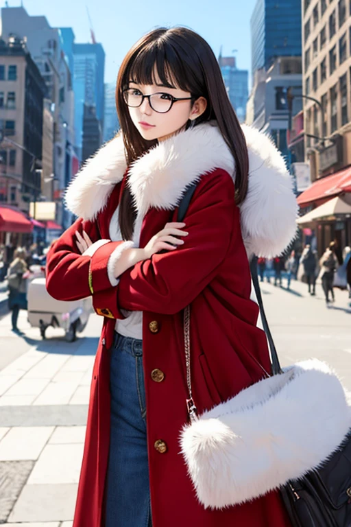 Highest quality、masterpiece、High sensitivity、High resolution、Detailed Description、Slender women、Glasses、Fur coat、In the middle of Manhattan、Arms crossed、A large amount of、It's raining banknotes、