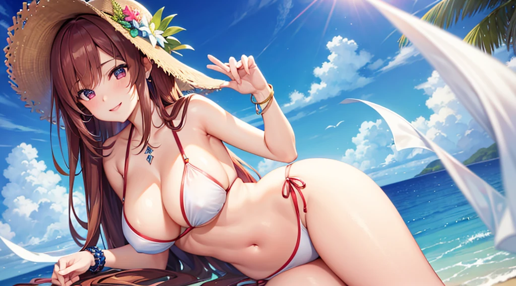 Highest quality, masterpiece, figure, wallpaper,One girl, Light Hair, Beautiful detailed girl, Highly detailed eyes and face, Beautiful attention to detail, Shine,Browsing Caution, View your viewers, evening, , Straight hair, Red Eyes, Bob Hair,Beautiful brown hair, Thighs, Large Breasts, Red eyes,beautiful finger, clear background, deep night, smile、Big earrings、bracelet、Gal、summer、Ocean、Are standing, Swimwear、Feeling sluggish