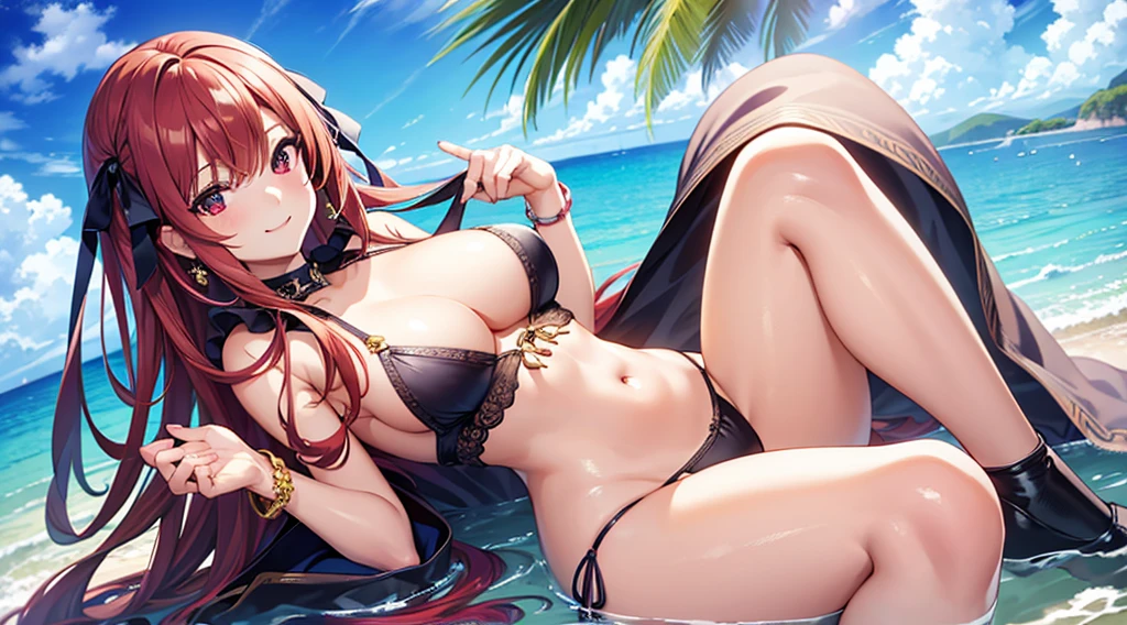 Highest quality, masterpiece, figure, wallpaper,One girl, Light Hair, Beautiful detailed girl, Highly detailed eyes and face, Beautiful attention to detail, Shine,Browsing Caution, View your viewers, evening, , Straight hair, Red Eyes, Bob Hair,Beautiful brown hair, Thighs, Large Breasts, Red eyes,beautiful finger, clear background, deep night, smile、Big earrings、bracelet、Gal、summer、Ocean、Are standing, Swimwear、Feeling sluggish