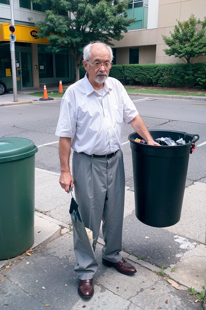 An old man picking up trash from a trash can comical