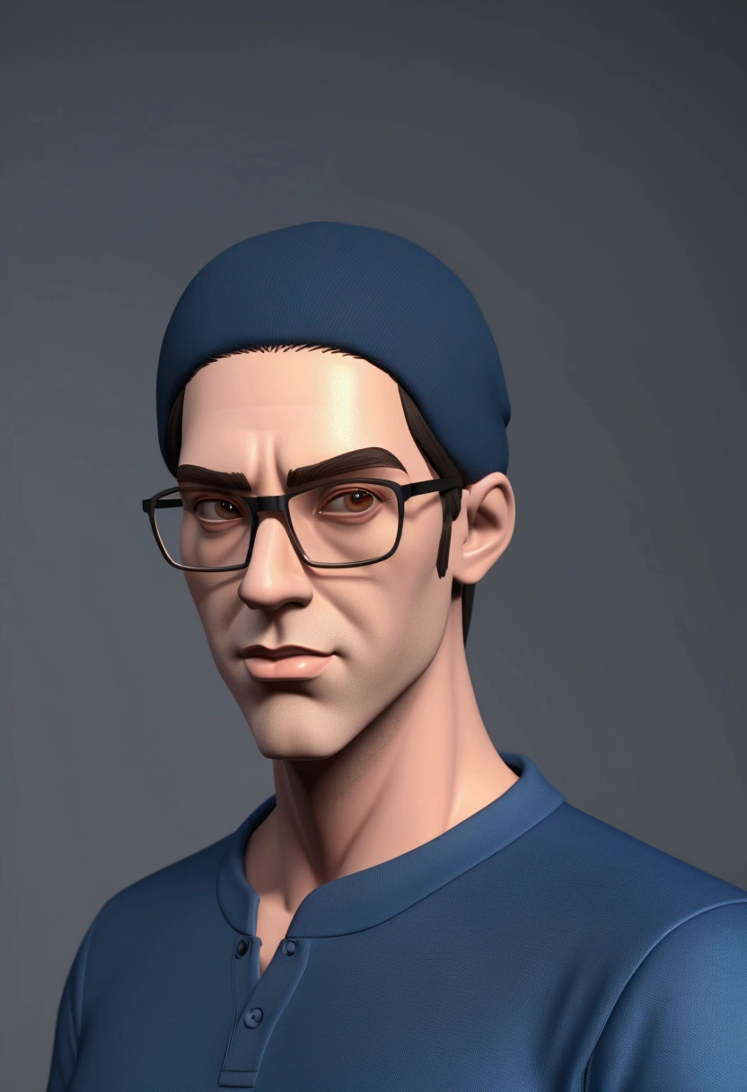 Cartoon character of a man wearing black glasses and a blue shirt, um personagem animado, Caractere estilizado, animation style rendering, 3D estilizado, Arnold Maya render, 3 d render stylized, toon render keyshot, Personagem 3D, Personagem 3D, 3d rendering stylized, 3 d character render, personagem de desenho animado, Personagem de close up, Pose de personagem, (Estilo Pixar) (master part:1.2) (Bokeh) (best quality) (pele detalhada) (textura detalhada) (8k) (argila) (Cinematic lighting) (foco nítido,Senta e vaza a parte superior do corpo