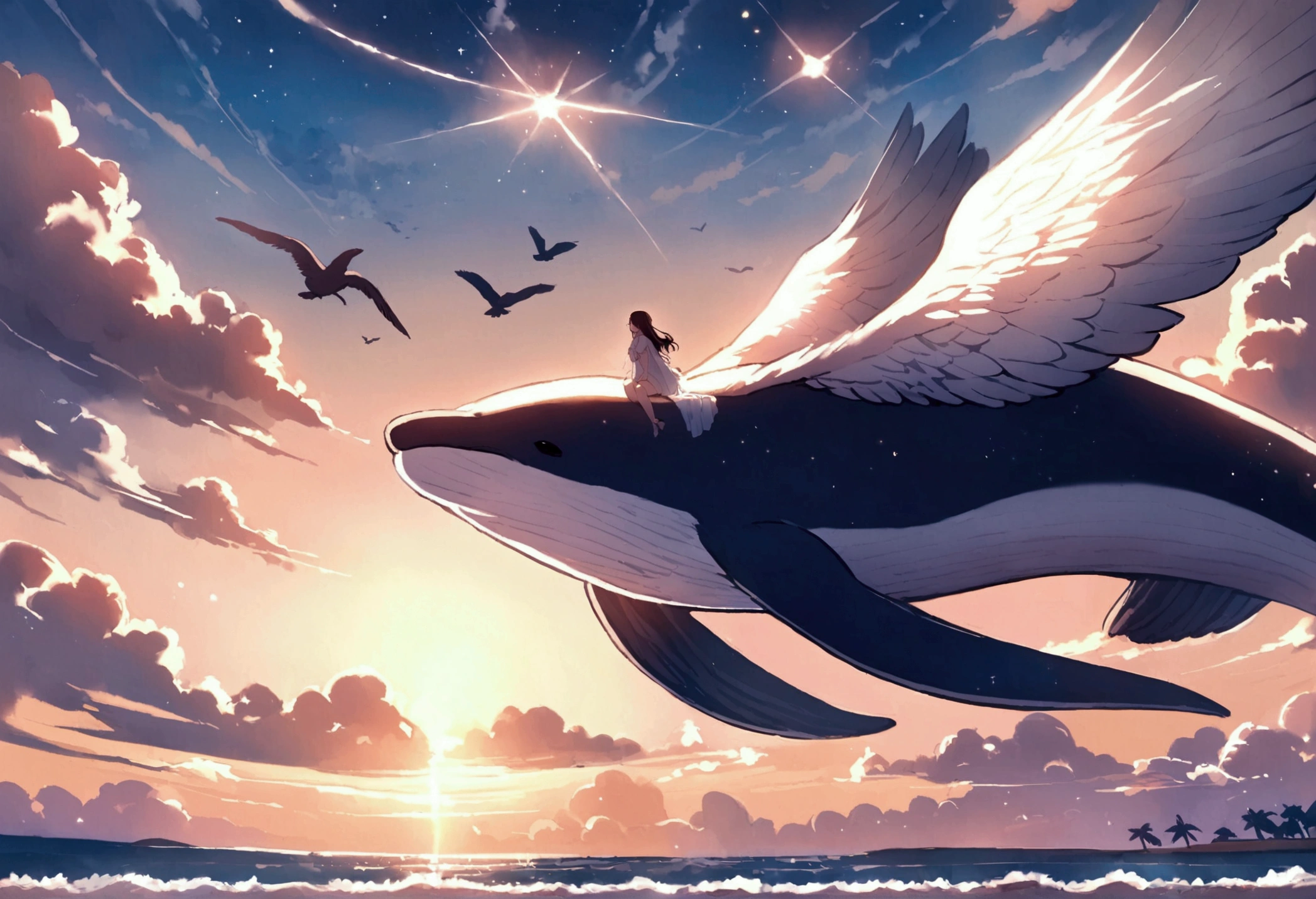 A whale flies through dreamy skies, it has 3 sets of enormous eagle wings, a cute woman lies on the beach watching its majestic flight