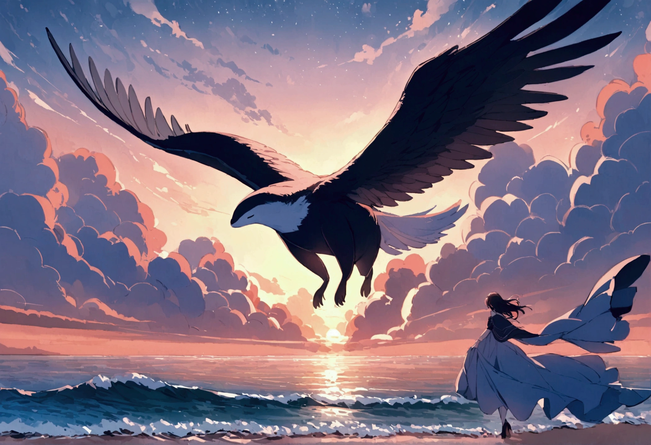 A whale flies through dreamy skies, it has 3 sets of enormous eagle wings, a cute woman lies on the beach watching its majestic flight
