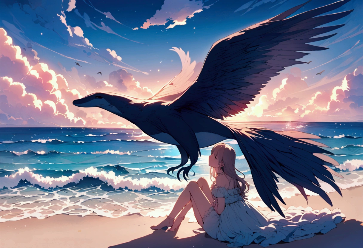 A whale flies through dreamy skies, it has 3 sets of enormous eagle wings, a cute woman lies on the beach watching its majestic flight
