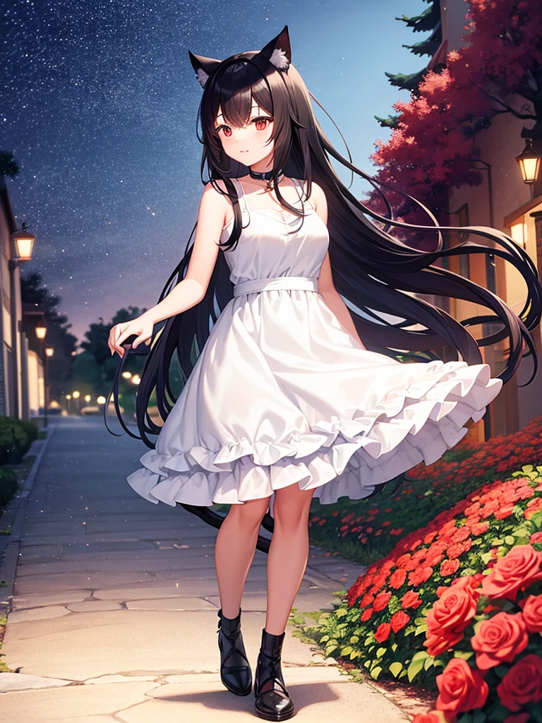 black haired anime woman with cat ears wearing a white dress walking on a path of red roses with an evening sky