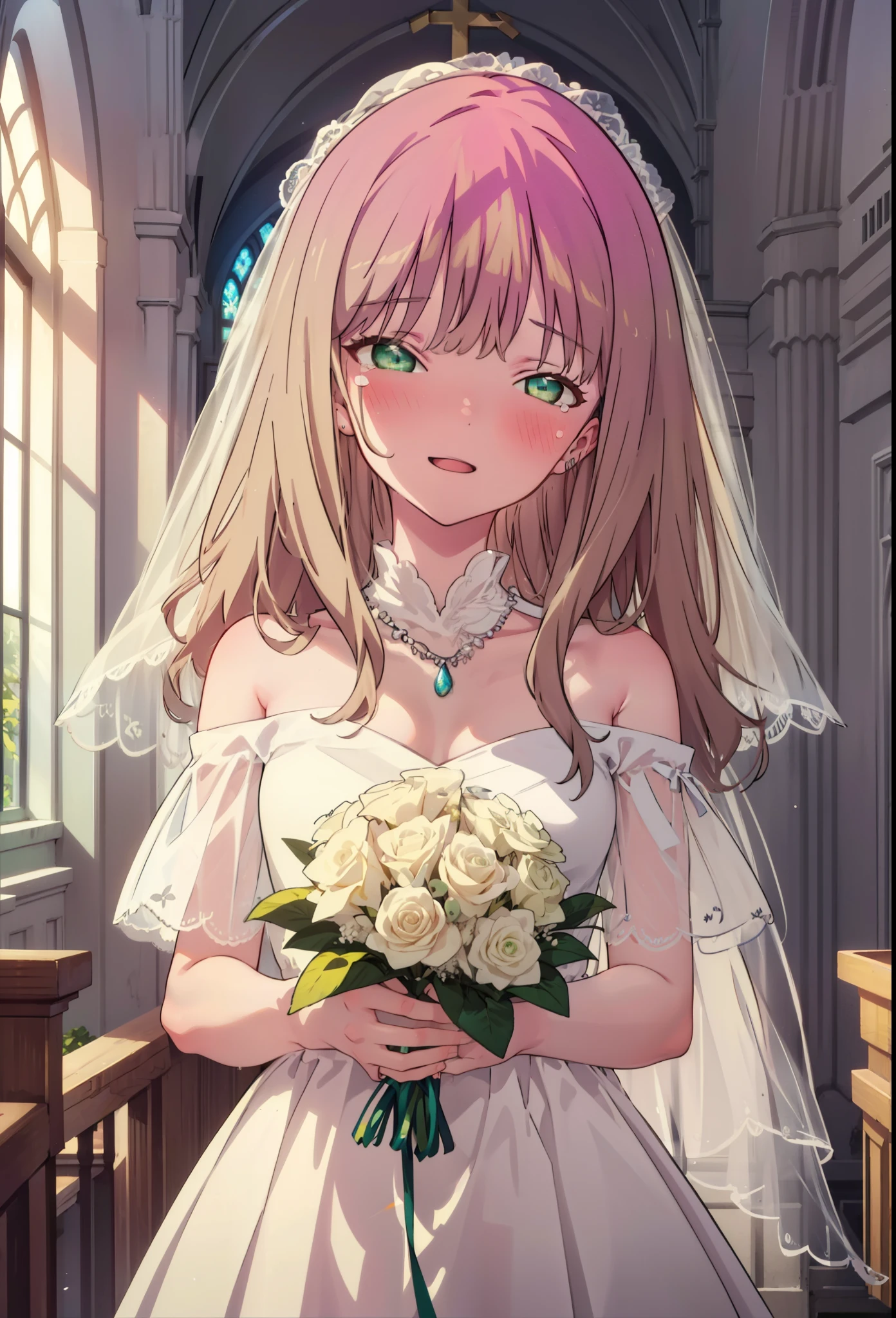 minami yume ,sss Dynazenon ,Long Hair, Brown Hair, (Green Eyes:1.5) ,blush,happy smile, smile, Open your mouth,Off-the-shoulder wedding dresses,Wedden Skirt,necklace,Veil,bouquet,Close both eyes,Tears stream down her face,Tears of joy,I cry a lot,　　　　　　　　　　　　 
 break looking at viewer, whole body,(Cowboy Shot:1. 5) 　　　　　　　　　　　　　　　　　　　break indoors, Chapel,church, 　　　　　　　　　　　break (masterpiece:1.2), Highest quality, High resolution, unity 8k wallpaper, (shape:0.8), (Beautiful attention to detail:1.6), Highly detailed face, Perfect lighting, Highly detailed CG, (Perfect hands, Perfect Anatomy),