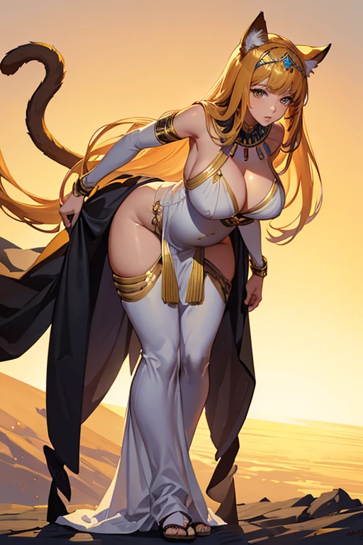 8k, masterpiece, very realistic, Full body sketch line of  pregnant cat woman, anime style, clean sketch line, standing, faraon cat girl, , Egyptian style, tail, cat ears, very slim waist, very tall, white ancient clothing design, dynamic pose, pregnant, cleavage 