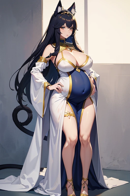 8k, masterpiece, very realistic, Full body sketch line of sexy pregnant cat woman, anime style, clean sketch line, standing, faraon cat girl, Cleopatra, Egyptian style, tail, cat ears, very slim waist, very tall, white ancient clothing design, dynamic pose, pregnant, cleavage