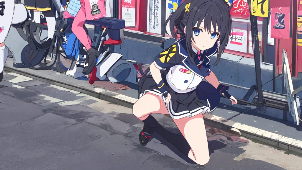 beautiful beautiful girl black uniform with miniskirt white stockings with black hair blue blue eyes on the japanese street akihabara swastika pink panties high quality details