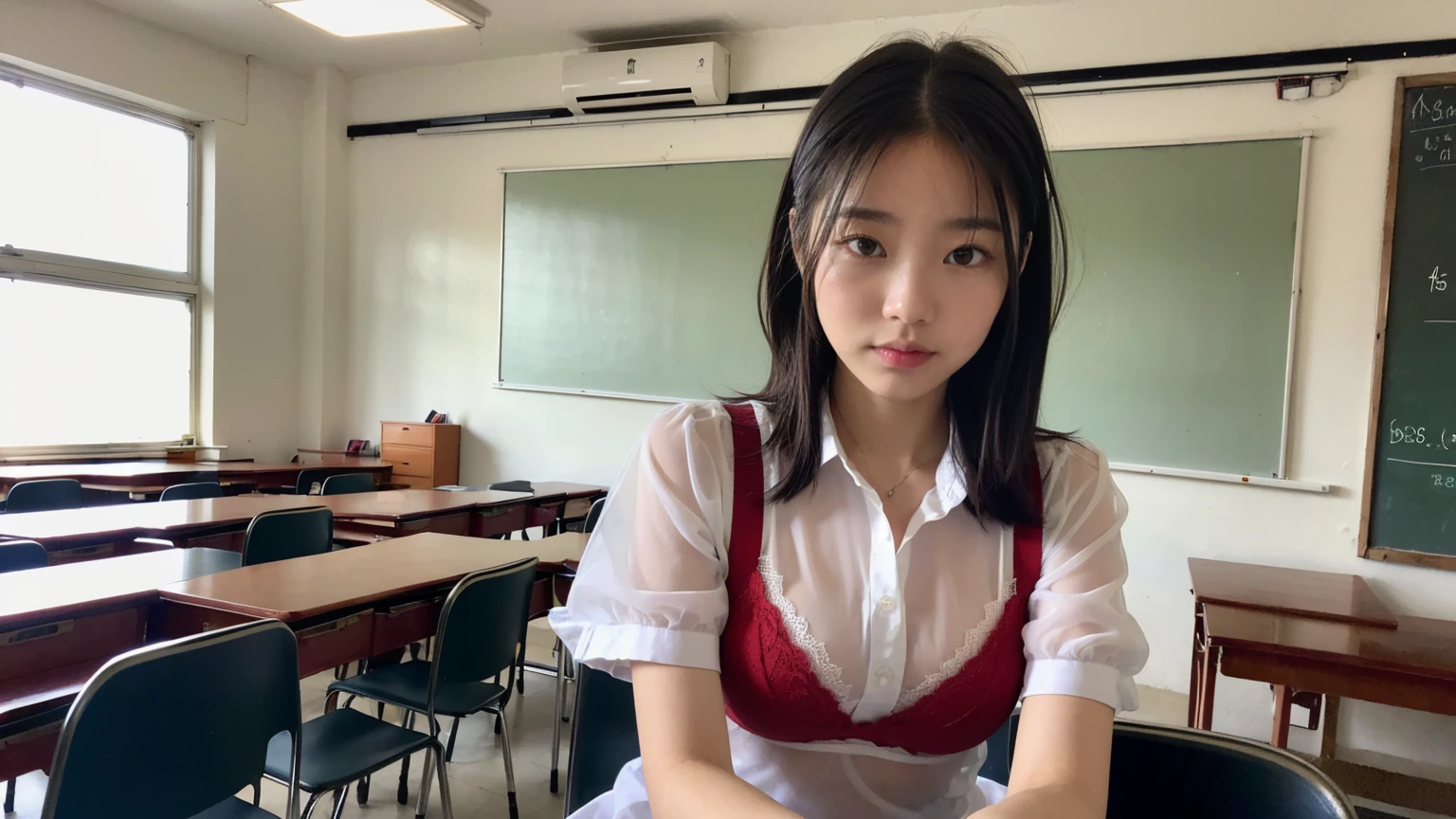 (Masterpiece, top quality, NSFW
1 girl, (BSB, Besuke: 1.3), upper body, bra visible through clothes, underwear, uniform, white shirt, red bra, short sleeves, see-through, classroom, sitting, school chair, blackboard, __hair color2__, __hair length__, __hair style__,