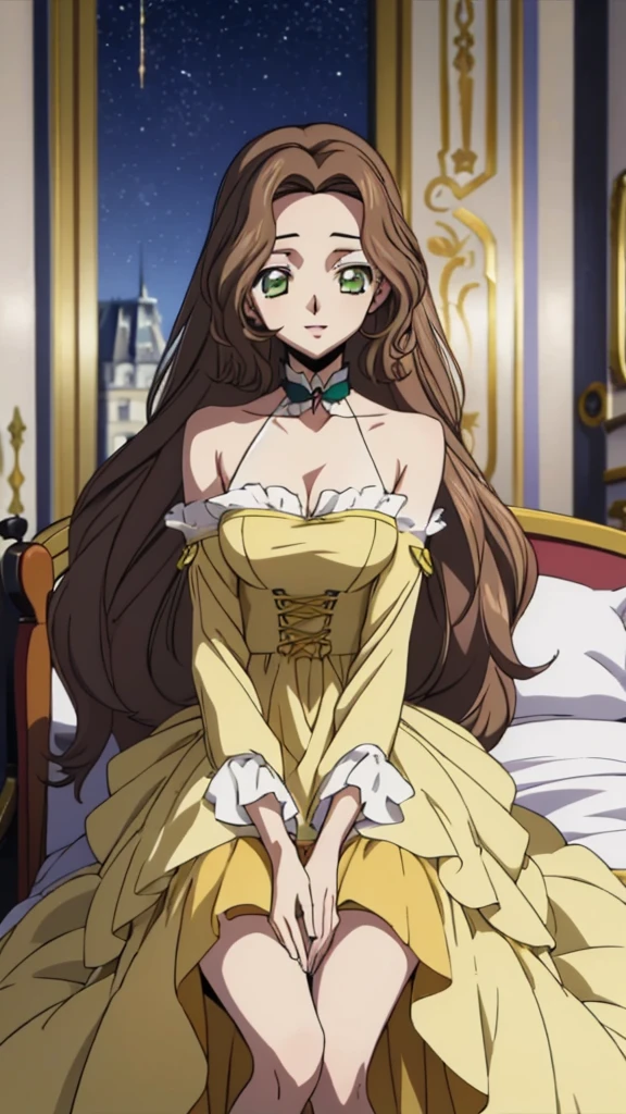 Score_9, score_8, score_7, code Geass_anime, Anastasia lamperough, brown hair and green eyes, long hair, yellow dress, smile, cute, pink lips, Paris, castle, room, night, best quality, masterpiece+