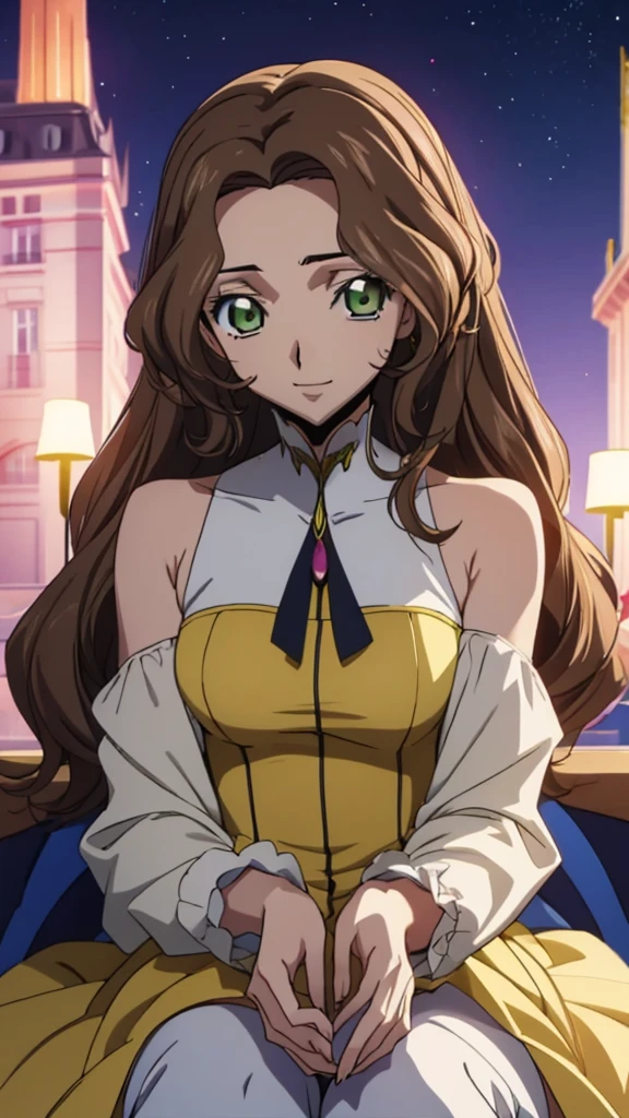 Score_9, score_8, score_7, code Geass_anime, Anastasia lamperough, brown hair and green eyes, long hair, yellow dress, smile, cute, pink lips, Paris, castle, room, night, best quality, masterpiece+