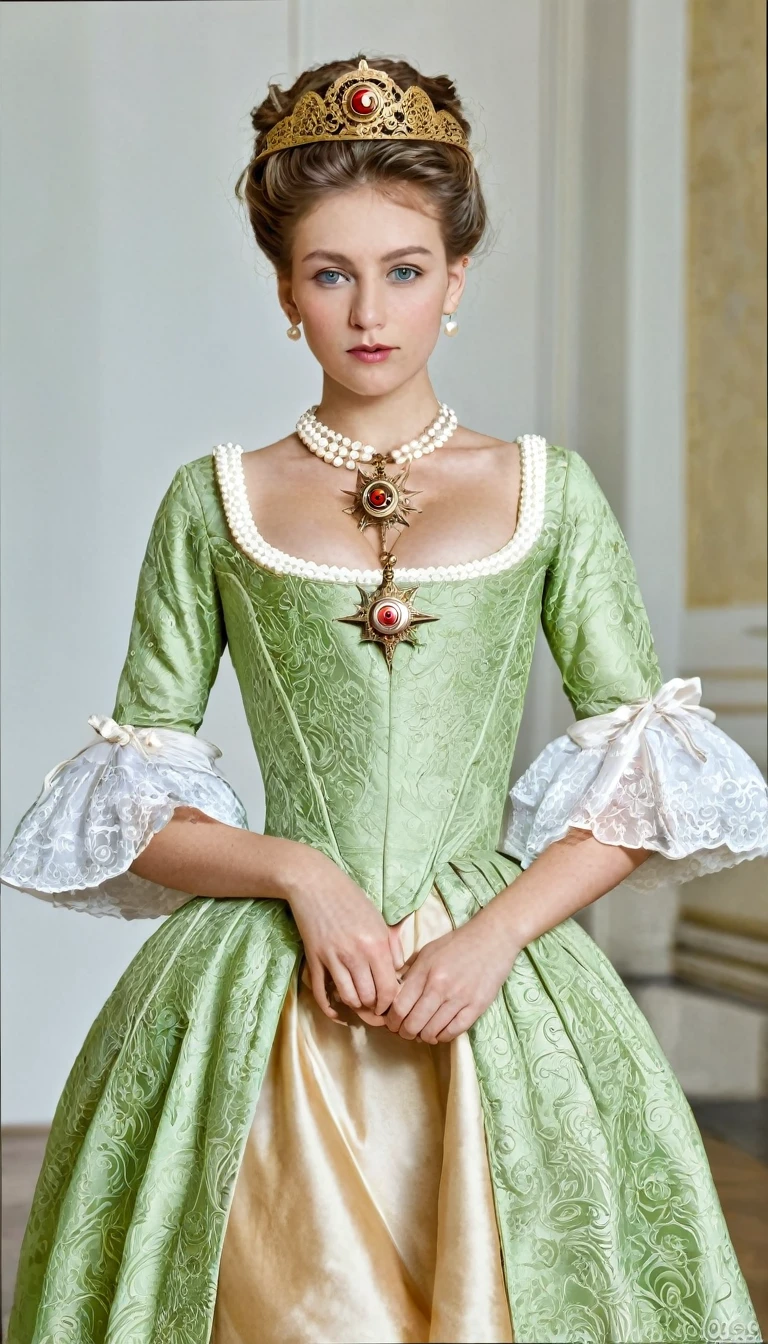 Front view , looking at viewer ,Full-body, holding wooden compass, Empire of Austria -Hungary girl, 26 age old, (Light brown hair, middle hair , wince, Green eyes, beautiful lip, serious), (Pearl crescent earrings, Pearl and gold neckless, tiara with Dimond ), (big breasts, slender whist, wide hip) ,(Rococo 18the century dress), red base dress and skirt, (res Sinister:1.5), decoration medal on left belly , in Palace, in Austria, textured skin , HI detailed skin, (foreshortening, Canon, UHD, anatomically correct, super detail, high details, highness ,壁にプロビデンスの画が飾ってある