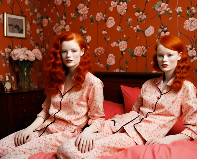 There is a woman sitting on a bed wearing a pink floral pajamas, red-haired girl, beautiful red-haired woman, red-haired woman, young red-haired girl, short bright red hair, red hair and attractive features, Anna Nikonova aka Newmilky, red-haired girl, redhead, beautiful woman, posing in bed, red head, with short red hair, posing in a room