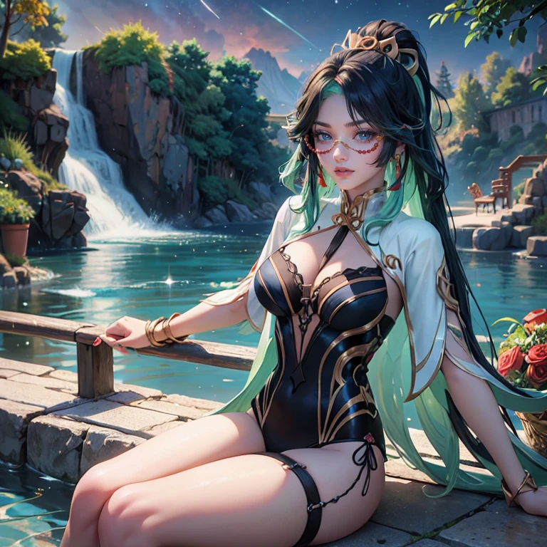 Xianyun_(genshin impact), 1girl, red roses, multicolored hair, black hair, green hair, long hair, glasses, night sky, swim suit, frills, laces, lace garter, lake scene, seat on the water, swim suit, more details on her clothes, golden details on her clothes, night scene, smiling, solo, alone, jewelry, lake scenery, waterfall, sitting