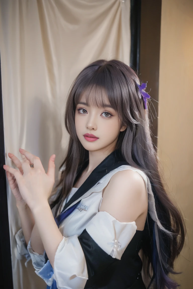 ulzzang-6500-v1.1,(raw photo:1.2),((photorealistic:1.4))best quality ,masterpiece, illustration, an extremely delicate and beautiful, extremely detailed ,CG ,unity ,8k wallpaper,  finely detail, best quality,extremely detailed CG unity 8k wallpaper,absurdres, incredibly absurdres, huge filesize, ultra-detailed, highres, extremely detailed,beautiful detailed girl, extremely detailed eyes and face, beautiful detailed eyes,light on face,cinematic lighting, 25 year old woman, 1girl, solo,(purple hair:1.5), long hair, drill hair, twin drills,blue eyes, jewelry, flower, bare shoulders, black gloves, school uniform, thighhighs,indoor, mirror, Curtain background, room, standing, upper body, medium breasts, looking at viwer,