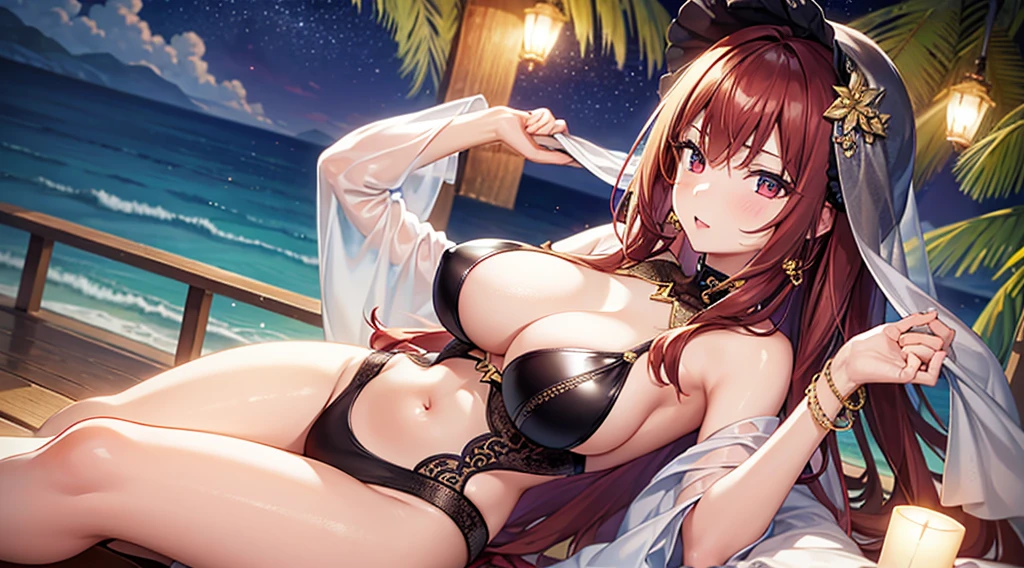 Highest quality, masterpiece, figure, wallpaper,One girl, Light Hair, Beautiful detailed girl, Highly detailed eyes and face, Beautiful attention to detail, Shine,Browsing Caution, View your viewers, evening, , Straight hair, Red Eyes, Bob Hair,Beautiful brown hair, Thighs, Large Breasts, Red eyes,beautiful finger, clear background, deep night、Big earrings、bracelet、Gal、summer、Ocean、Are standing, Swimwear、Feeling sluggish