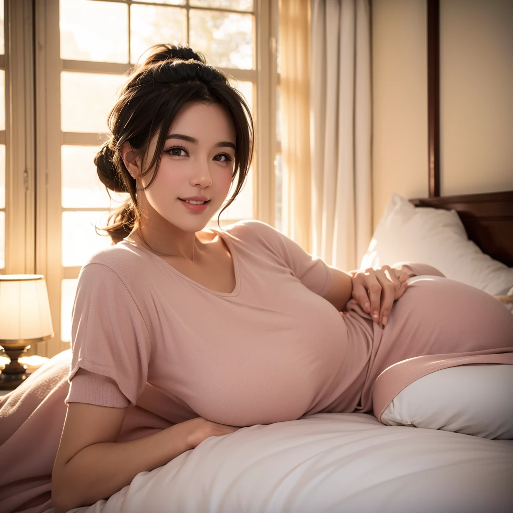 a gorgeous milf with rosy cheeks, smiling shyly, medium length hair in ponytail, casual outfit, lover, private bedroom, dating, intimate, detailed face, beautiful eyes, lush lips, intricate hairstyle, warm lighting, soft focus, photorealistic, cinematic composition, romantic atmosphere, best quality, 4k, 8k, highres, masterpiece:1.2, ultra-detailed, realistic:1.37, HDR, UHD, studio lighting, ultra-fine painting, sharp focus, physically-based rendering, extreme detail description, professional, vivid colors, bokeh, portrait