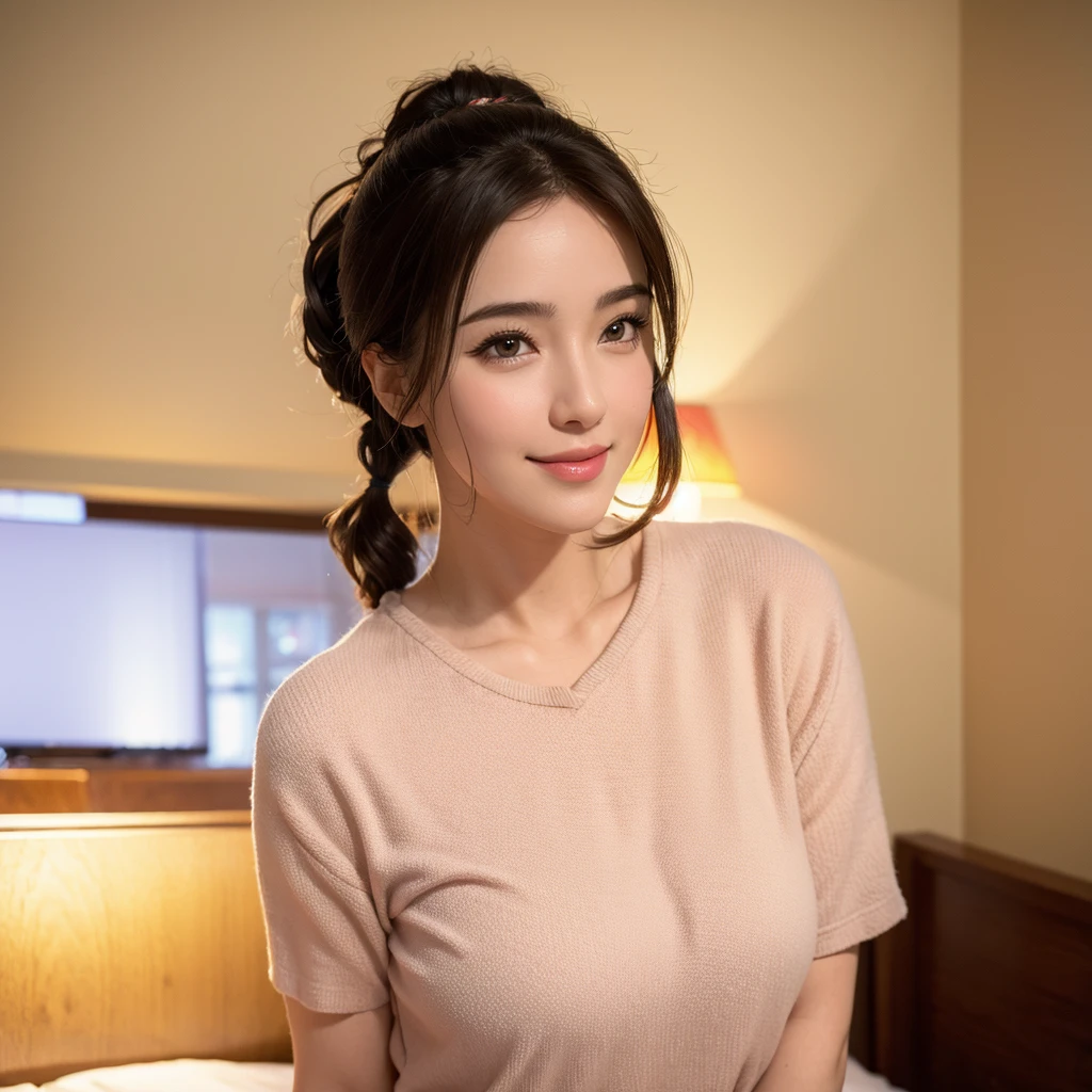 a gorgeous milf with rosy cheeks, smiling shyly, medium length hair in ponytail, casual sexy outfit, lover, private bedroom, dating, intimate, detailed face, beautiful eyes, lush lips, intricate hairstyle, warm lighting, soft focus, photorealistic, cinematic composition, romantic atmosphere, best quality, 4k, 8k, highres, masterpiece:1.2, ultra-detailed, realistic:1.37, HDR, UHD, studio lighting, ultra-fine painting, sharp focus, physically-based rendering, extreme detail description, professional, vivid colors, bokeh, portrait