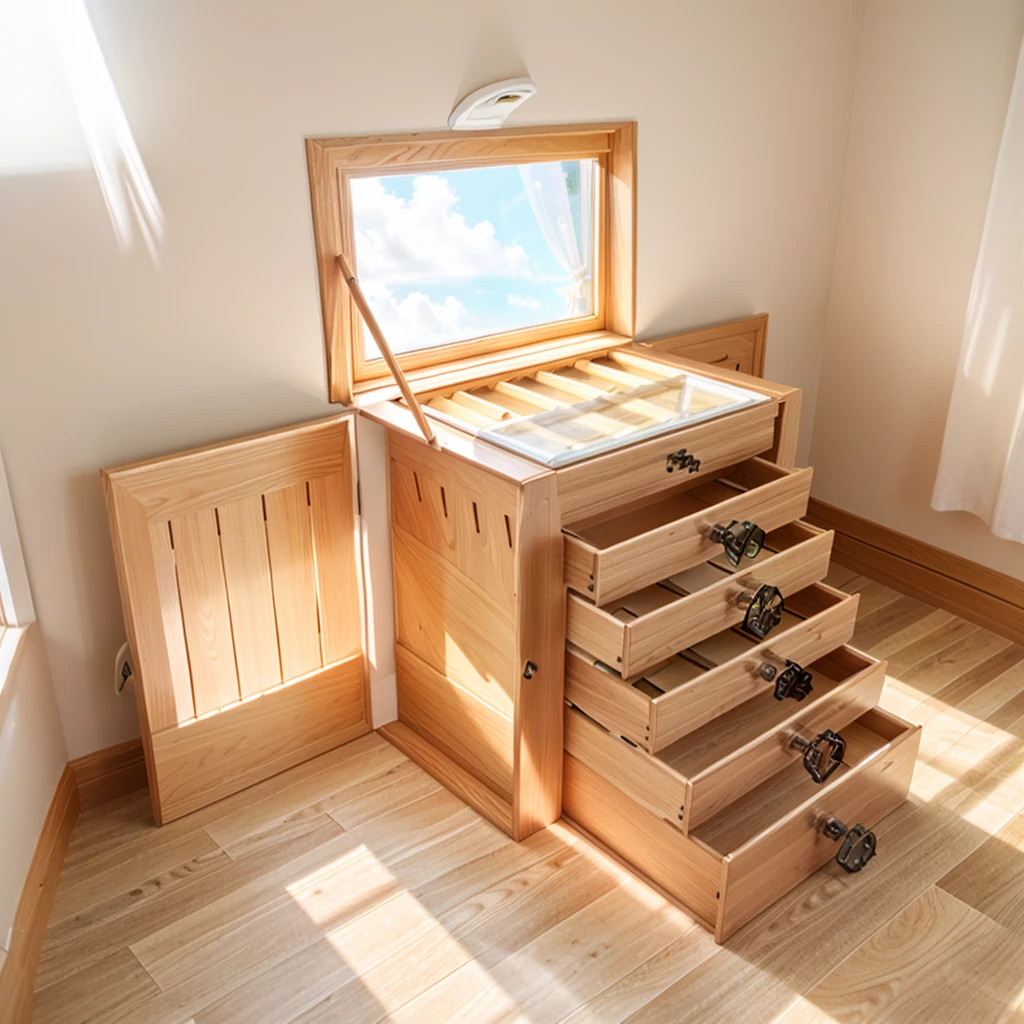 In this cozy room,A ray of sunlight shone through the half-drawn curtains on the table,Let the wood grain on the watch storage box shine with a faint luster。There was a calm and peaceful atmosphere in the air around them。There are several still lifes hanging on the walls of the room,It adds a touch of elegance to the space。And on the other side of the room,The half-open window lets in the breeze,The pages on the small desk by the window turned in the wind,This quiet scene gives a sense of tranquility and comfort。
