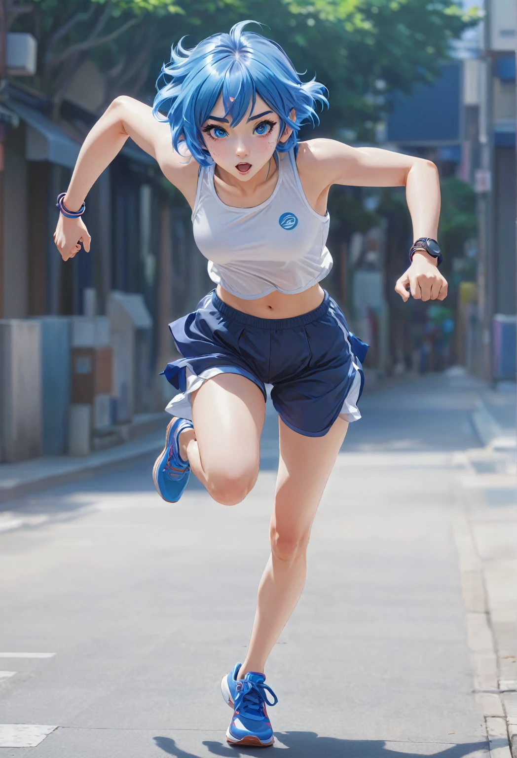 anime girl running in the street with blue hair and blue shoes, the anime girl is running, running pose, girl running, anime style. 8k, anime style 4 k, girl is running, female action anime girl, smooth anime cg art, anime girl, modern anime style, ilya kuvshinov. 4 k, realistic anime 3 d style, photorealistic anime