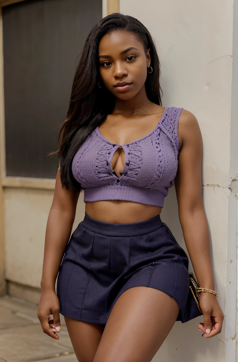 Create a realistic depiction of a 23 year old African lady who is smartly dressed in beautiful crotchet skirt and crop top, holding a purse, in a studio standing crossing her legs. Her outfit should prominently feature black and light purple color . She should be very very thick and appear realistic, she should be smiling. Her fingers should be realistc. She should be posing I'm a model like manner.